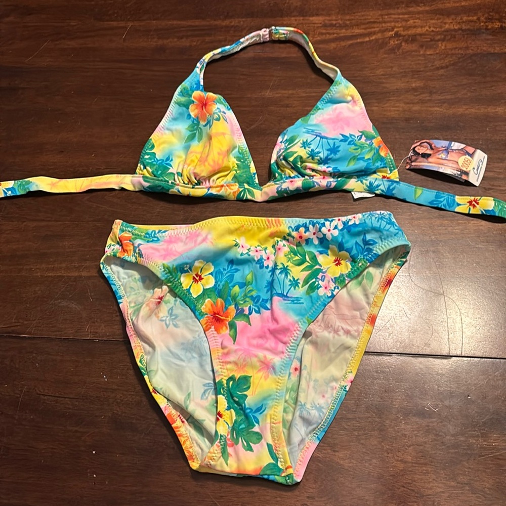 California waves 2005 2pc swimsuit tropical print halter top new large - Picture 1 of 16